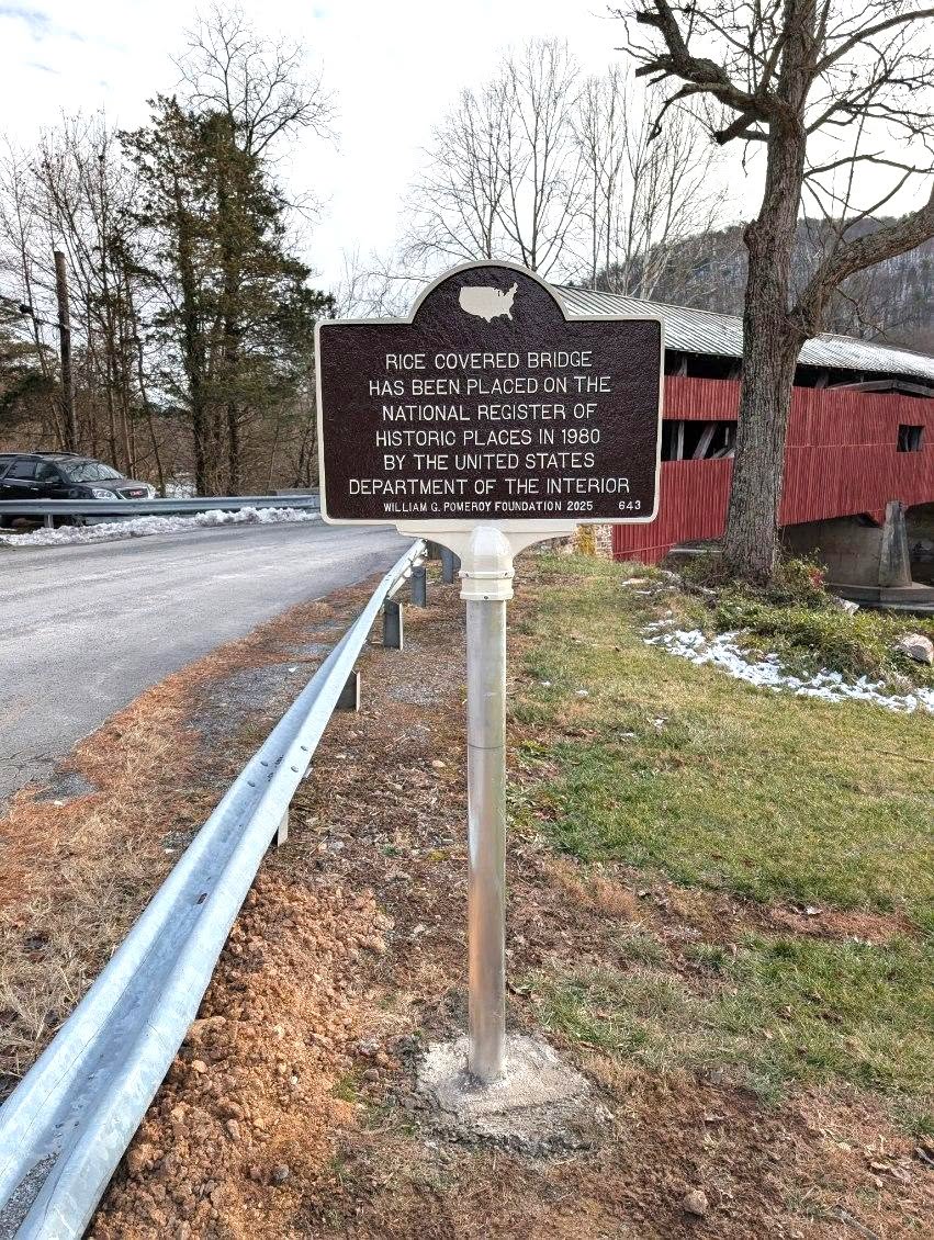 William G. Pomeroy Foundation National Register historic marker for Rice Covered Bridge, Perry County, Pennsylvania